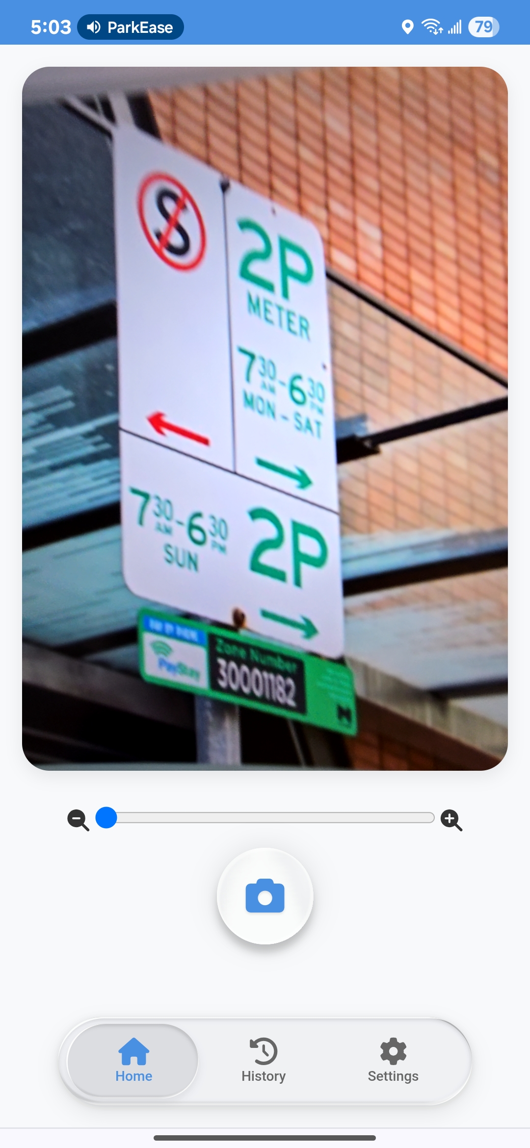 App interface showing camera view