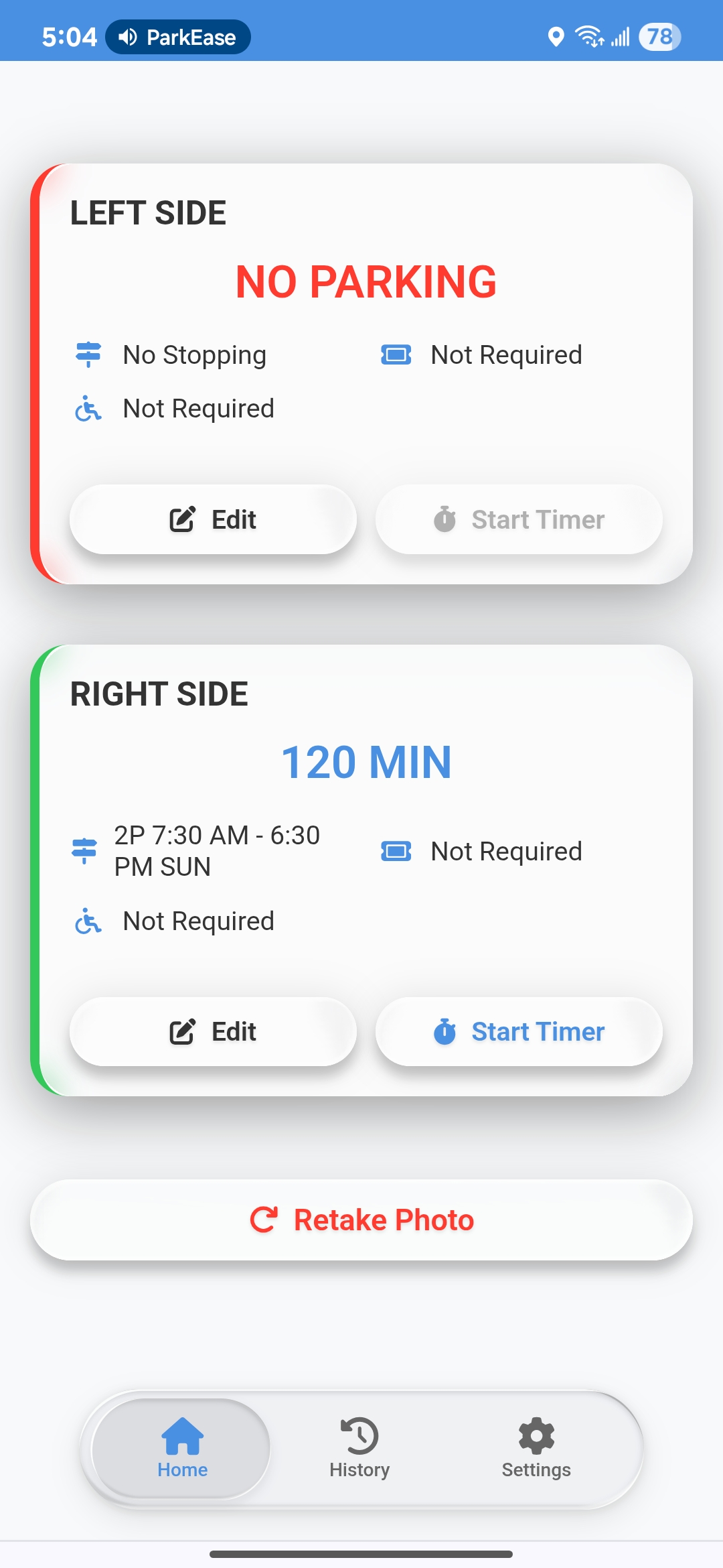 App interface showing analyzed parking rules