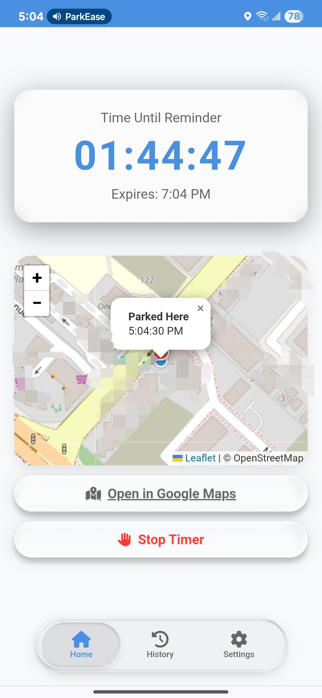 App interface showing a set timer and map